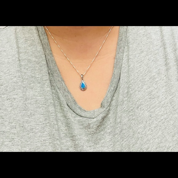 Sterling Silver Blue Opal Greek Pattern necklace - Picture 3 of 8